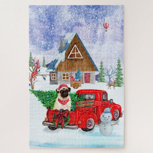 Pug Dog In Christmas Delivery Truck Snow Jigsaw Puzzle
