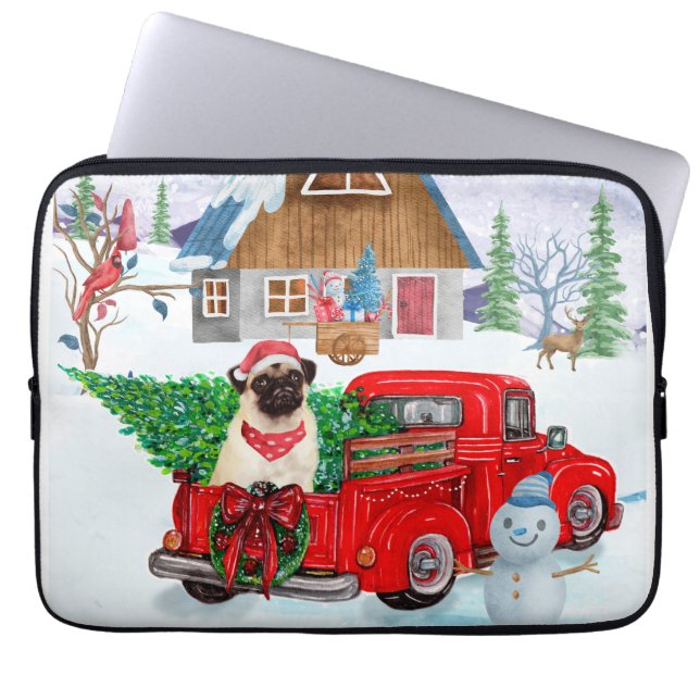 Pug Dog In Christmas Delivery Truck Snow Laptop Sleeve (Front)