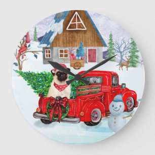 Pug Dog In Christmas Delivery Truck Snow Large Clo Large Clock