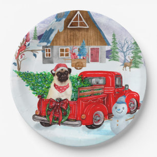 Pug Dog In Christmas Delivery Truck Snow  Paper Plates