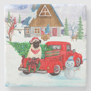 Pug Dog In Christmas Delivery Truck Snow Stone Coaster