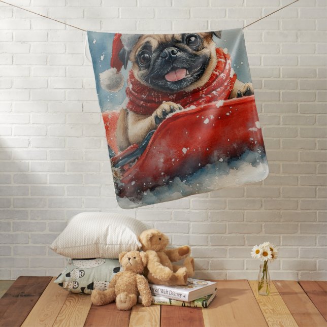 Pug Dog in Sledge Let it Snow Christmas Baby Blanket (In Situ)