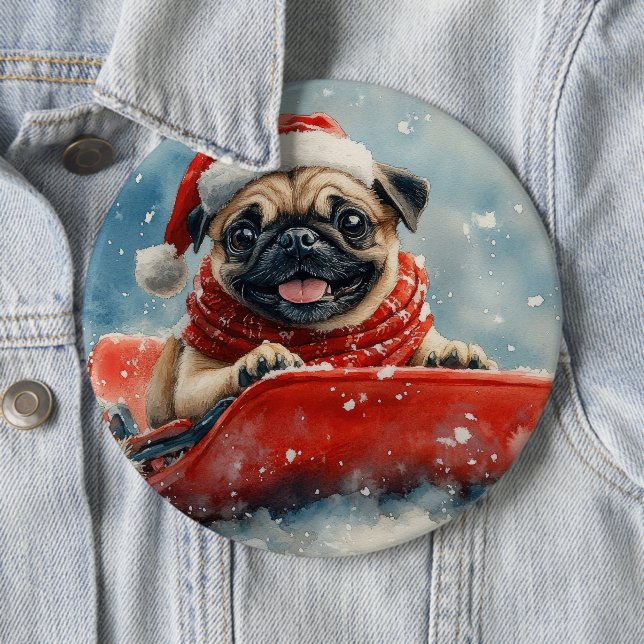 Pug Dog in Sledge Let it Snow Christmas Button (In Situ)
