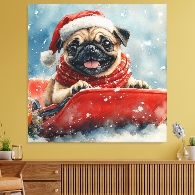 Pug Dog in Sledge Let it Snow Christmas Canvas Print (Insitu(LivingRoom))