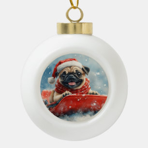 Pug Dog in Sledge Let it Snow Christmas Ceramic Ball Christmas Ornament