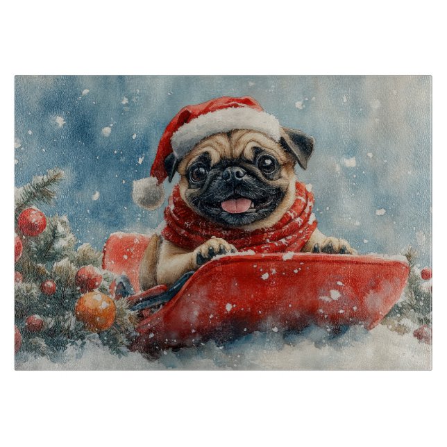 Pug Dog in Sledge Let it Snow Christmas Cutting Board (Front)