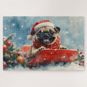 Pug Dog in Sledge Let it Snow Christmas Jigsaw Puzzle
