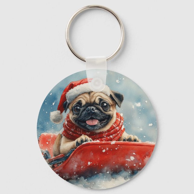 Pug Dog in Sledge Let it Snow Christmas Keychain (Front)