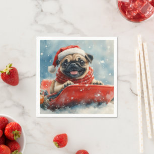 Pug Dog in Sledge Let it Snow Christmas Napkins