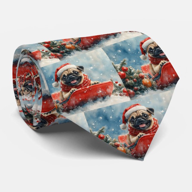 Pug Dog in Sledge Let it Snow Christmas Neck Tie (Rolled)