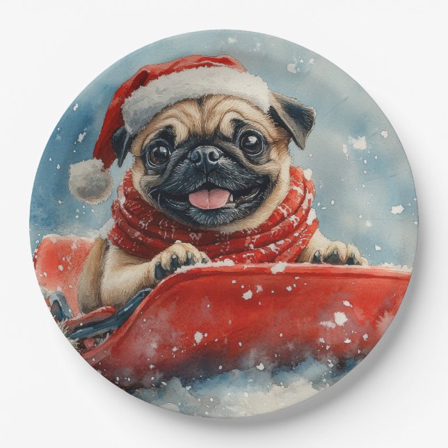 Pug Dog in Sledge Let it Snow Christmas Paper Plates (Front)
