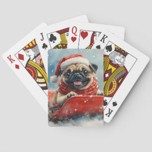 Pug Dog in Sledge Let it Snow Christmas Poker Cards