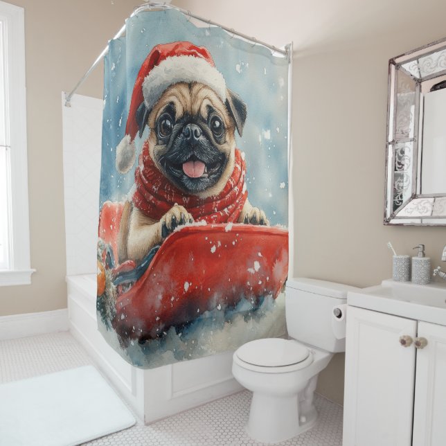 Pug Dog in Sledge Let it Snow Christmas Shower Curtain (In Situ)