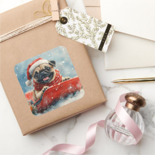 Pug Dog in Sledge Let it Snow Christmas Square Sticker