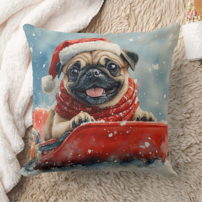 Pug Dog in Sledge Let it Snow Christmas Throw Pillow (Blanket)