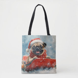 Pug Dog in Sledge Let it Snow Christmas Tote Bag
