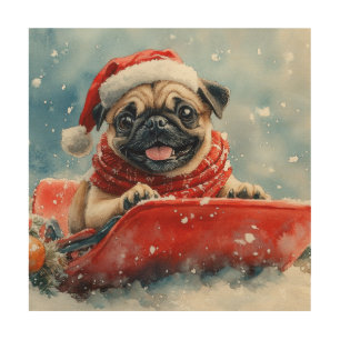 Pug Dog in Sledge Let it Snow Christmas Wood Wall Art