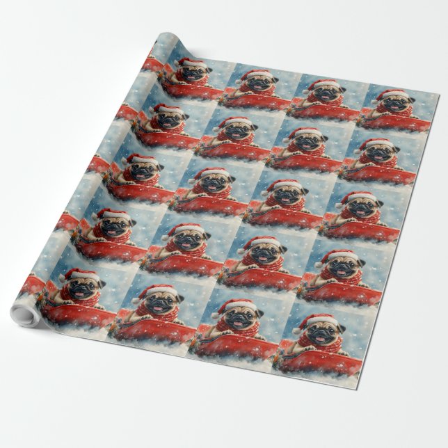 Pug Dog in Sledge Let it Snow Christmas Wrapping Paper (Unrolled)