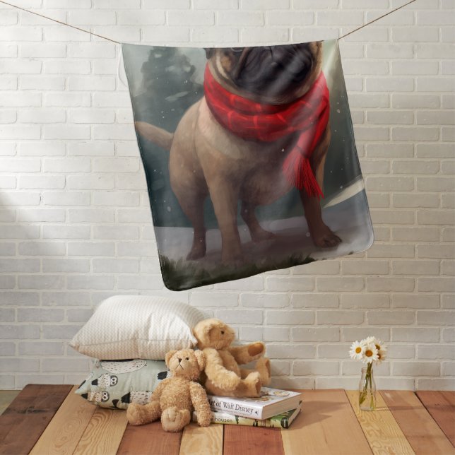 Pug Dog in Snow Christmas Baby Blanket (In Situ)
