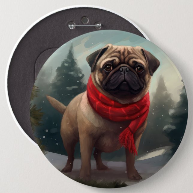 Pug Dog in Snow Christmas Button (Front & Back)