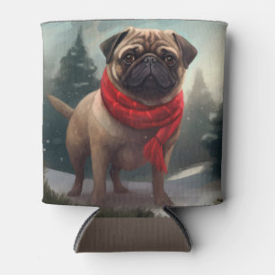 Pug Dog in Snow Christmas Can Cooler