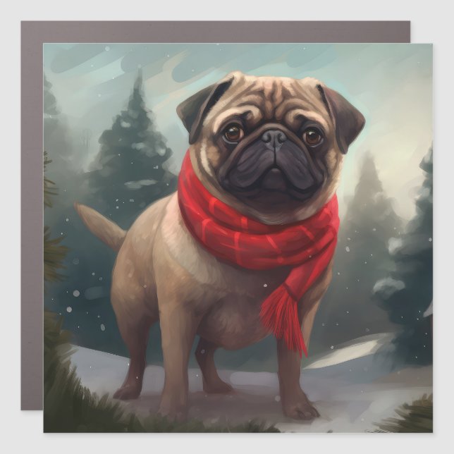 Pug Dog in Snow Christmas Car Magnet (Front)