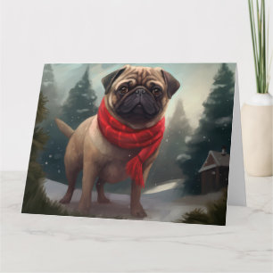Pug Dog in Snow Christmas Card