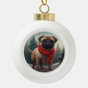 Pug Dog in Snow Christmas Ceramic Ball Christmas Ornament