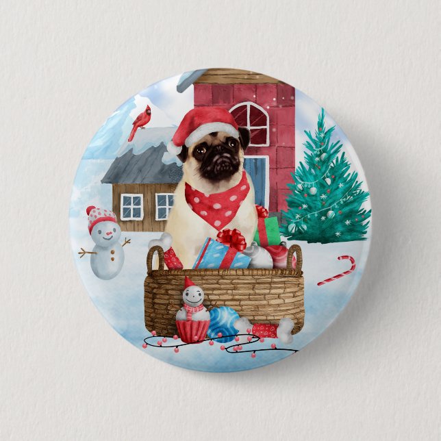 Pug Dog In snow Christmas Dog House  Button (Front)