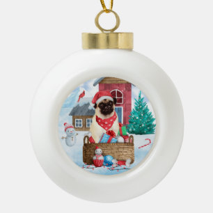 Pug Dog In snow Christmas Dog House  Ceramic Ball Christmas Ornament