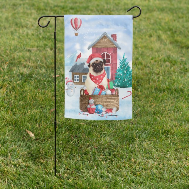 Pug Dog In snow Christmas Dog House Garden Flag (In SItu)