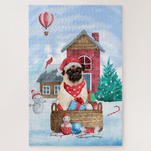 Pug Dog In snow Christmas Dog House  Jigsaw Puzzle