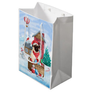 Pug Dog In snow Christmas Dog House Medium Gift Bag