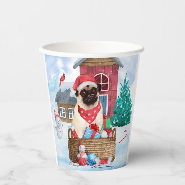 Pug Dog In snow Christmas Dog House  Paper Cups (Front)