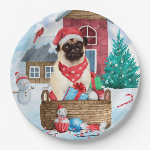 Pug Dog In snow Christmas Dog House Paper Plates