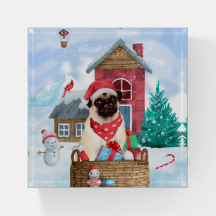 Pug Dog In snow Christmas Dog House  Paperweight