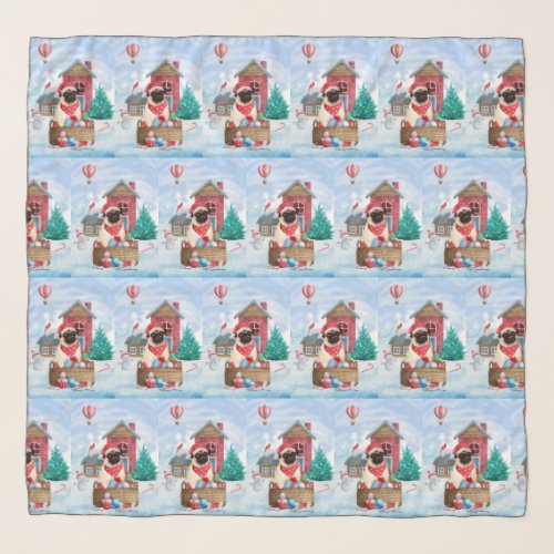 Pug Dog In snow Christmas Dog House  Scarf