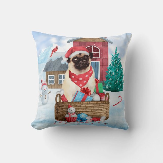 Pug Dog In snow Christmas Dog House Throw Pillow (Front)