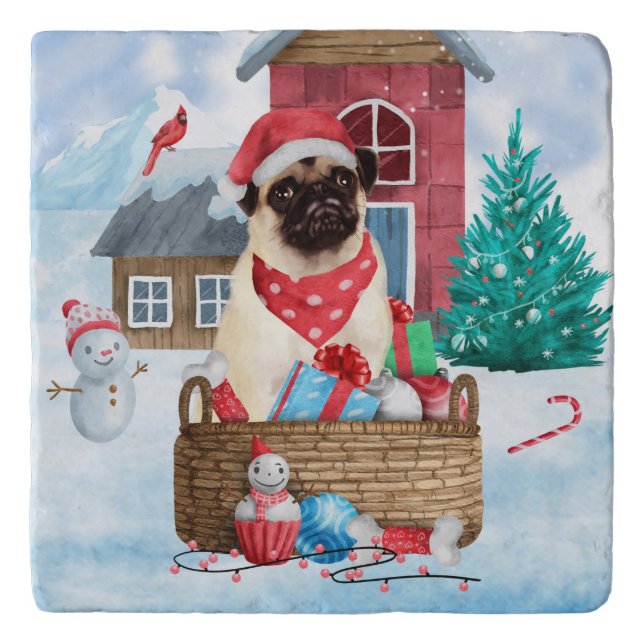 Pug Dog In snow Christmas Dog House  Trivet (Front)