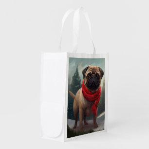 Pug Dog in Snow Christmas Grocery Bag