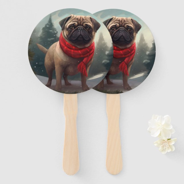 Pug Dog in Snow Christmas Hand Fan (Front and Back)
