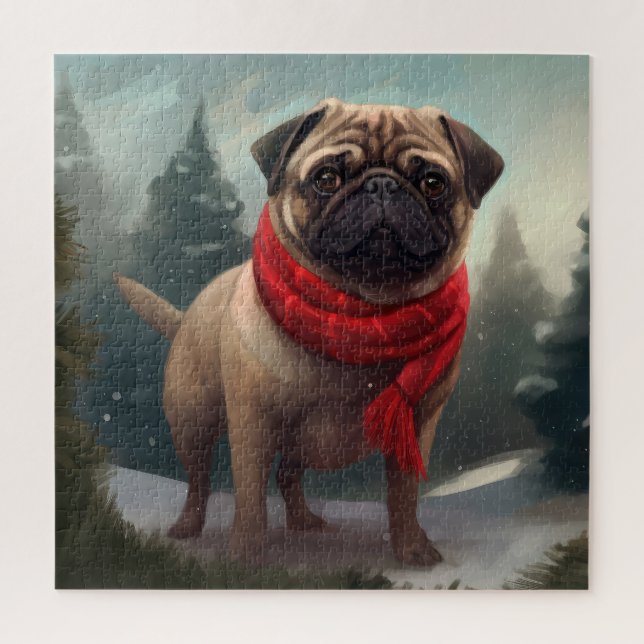 Pug Dog in Snow Christmas Jigsaw Puzzle (Vertical)