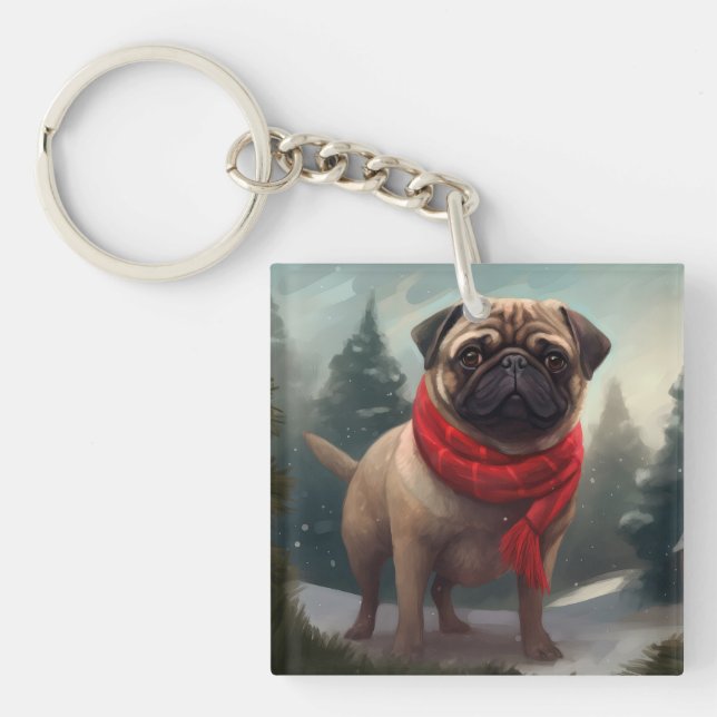 Pug Dog in Snow Christmas Keychain (Front)