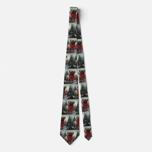 Pug Dog in Snow Christmas Neck Tie