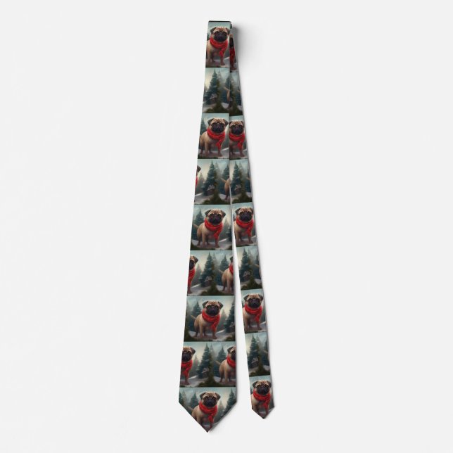 Pug Dog in Snow Christmas Neck Tie (Front)