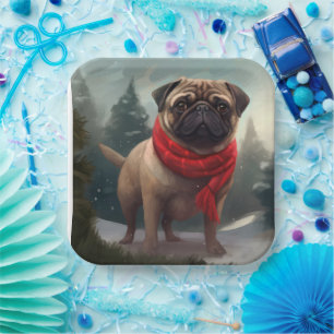 Pug Dog in Snow Christmas Paper Plates