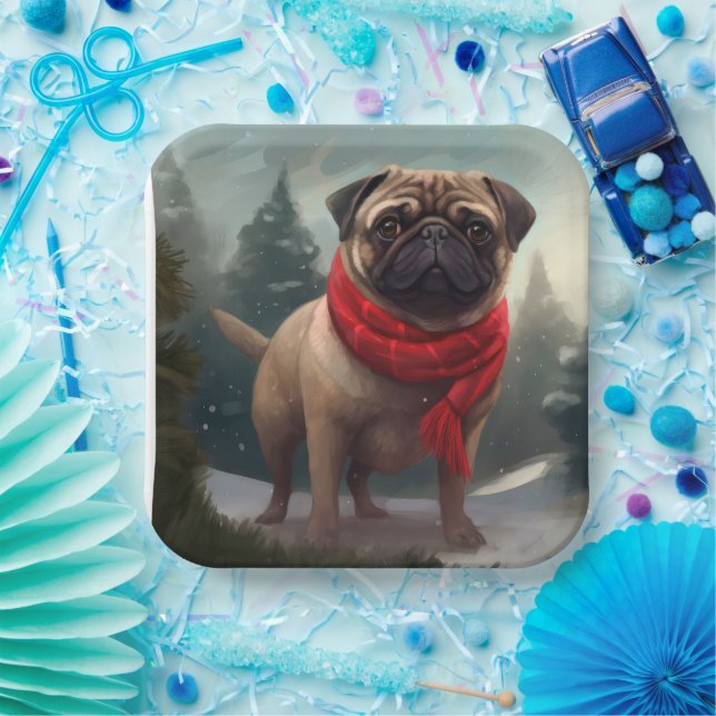 Pug Dog in Snow Christmas Paper Plates (Party)