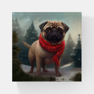 Pug Dog in Snow Christmas Paperweight