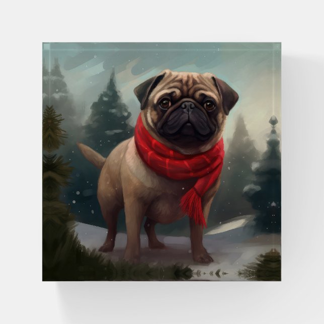 Pug Dog in Snow Christmas Paperweight (Front)