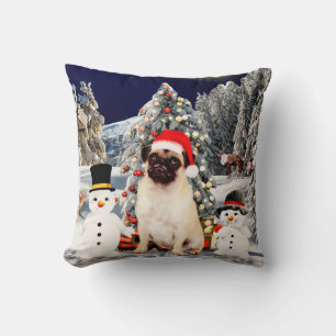 Pug Dog in Snow Christmas Santa Hat Lights Throw Pillow